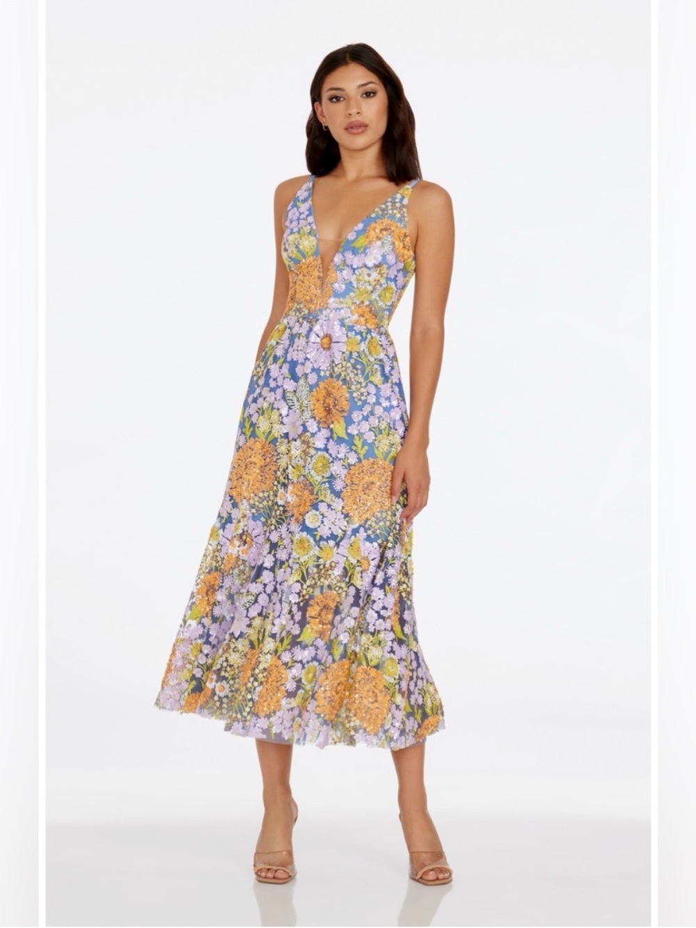 Floral V-Neck Midi Dress in Lavender and Orange